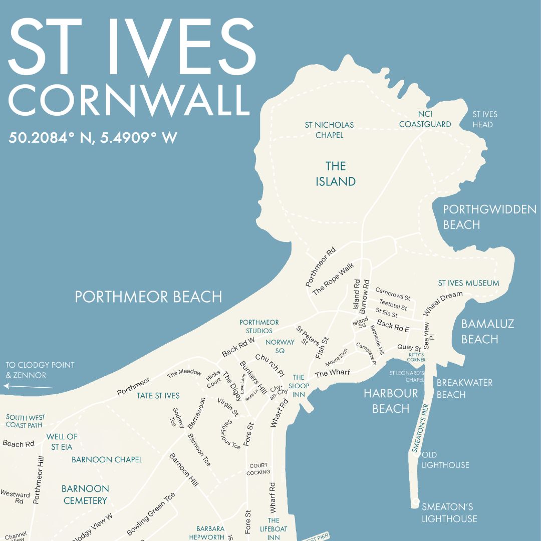 St Ives Cornwall Town Map Art Print