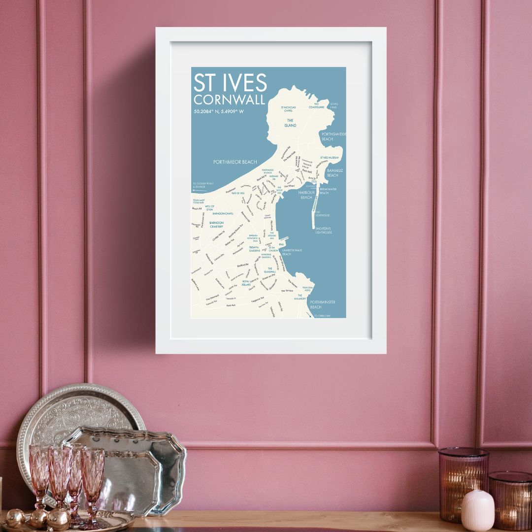 St Ives Cornwall Town Map Art Print