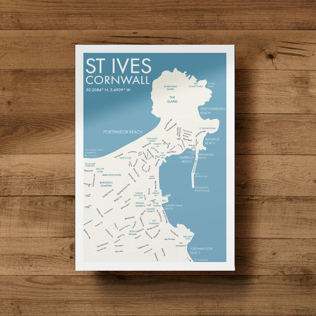 St Ives Cornwall Town Map Art Print